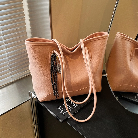 Sac Fourre-Tout Femme Imprimé Lettres Grande Capacité en Cuir Artificiel Sac à Épaule Motif Litchi Décontracté
