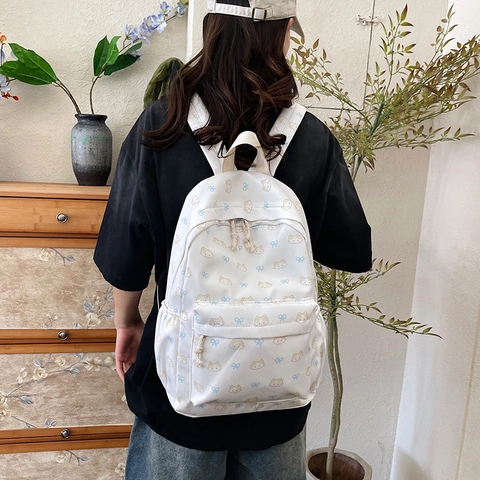 Zaino per Studenti in Nylon di Moda a Grande Capacità Semplice Cartella Leggera Con Stampa di Gatto Del Fumetto Fiocco Per Donna Ragazze