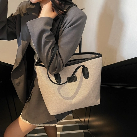 High-End Grote Capaciteit Canvas Tote Bag Voor Dames Minimalistische Woon-werkverkeer Schoudertas Met Leren Afwerking Veelzijdige Handtas