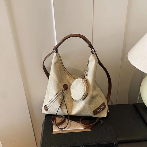 Borsa Hobo Donna in Pelle PU Vintage Grande Capacità Con Mini Borsellino Rotondo Borsa a Tracolla a Contrasto Zaino Casual da Viaggio