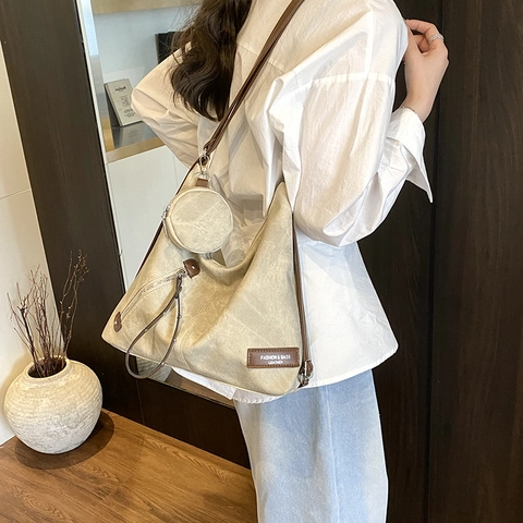 Borsa Hobo Donna in Pelle PU Vintage Grande Capacità Con Mini Borsellino Rotondo Borsa a Tracolla a Contrasto Zaino Casual da Viaggio