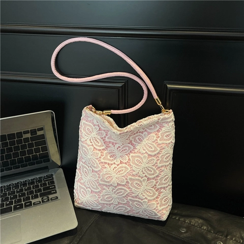 Women's Vintage Literary Style Lace Floral Shoulder Bag Cute Butterfly Tote Underarm Bag Fashion Large Capacity Handbag Gift