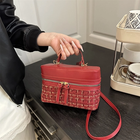 Women's Elegant Tweed Splicing Crossbody Bag PU Leather Patchwork Box Handbag With Tassel Dual Zipper Casual Shoulder Bag