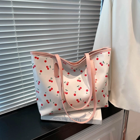 Borsa Tote da Donna in Pelle PU Stampata Grande Capacità Motivo Ciliegia Fragola Fiocco Cuore Borsa a Tracolla per Studenti
