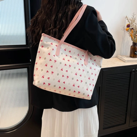 Borsa Tote da Donna in Pelle PU Stampata Grande Capacità Motivo Ciliegia Fragola Fiocco Cuore Borsa a Tracolla per Studenti