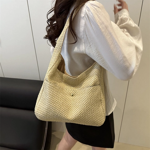 Damen Große Kapazität Gewebte Tote Bag Sommer Strand Stroh Umhängetasche Minimalistische Hobo Tasche Mit Magnetverschluss Handtasche