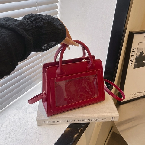 Women Minimalist PU Leather Crossbody Bag With Transparent PVC Window Fashion Solid Color Large Capacity Handbag Shoulder Bag