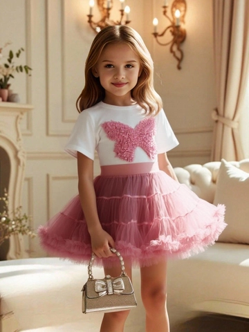 Ensemble Jupe Tutu Princesse pour Filles T-Shirt Été Manches Courtes Avec Appliqué Papillon 3D et Jupe Moelleuse en Mesh