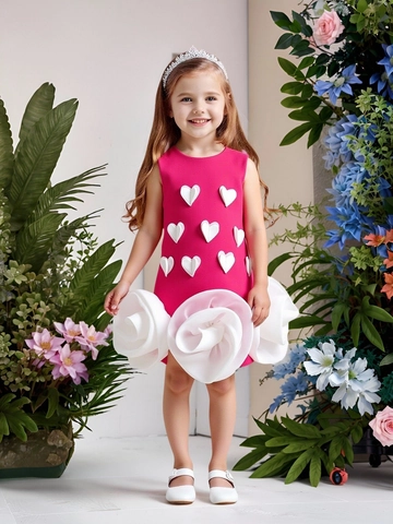 Girls Sleeveless Princess Dress With 3D Heart Applique And Large Rose Flower Hem Elegant Party Wedding Performance Gown