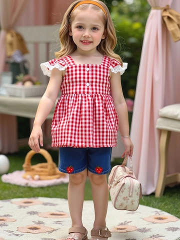 Girls Summer Red Plaid Flutter Sleeve Top And Strawberry Embroidered Denim Shorts Two-Piece Clothing Set For Little Girls