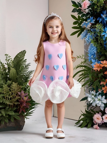 Girls Sleeveless Princess Dress With 3D Heart Applique And Large Rose Flower Hem Elegant Party Wedding Performance Gown