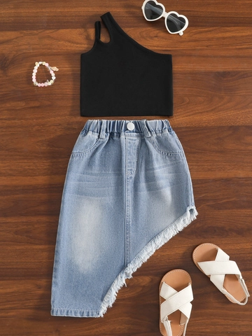 Completi Estivi per Bambine Top Nero Monospalla e Gonna in Denim Asimmetrica con Nappe Abbigliamento Casual alla Moda