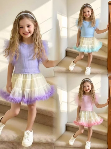 Set Abbigliamento Estivo Bambina Top a Costine Con Maniche a Volant in Mesh e Gonna Tutù a Strati Completo 2 Pezzi