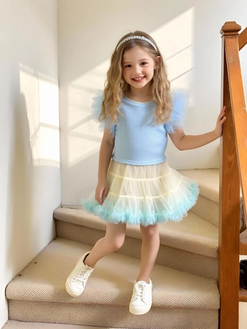 Set Abbigliamento Estivo Bambina Top a Costine Con Maniche a Volant in Mesh e Gonna Tutù a Strati Completo 2 Pezzi