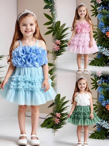 Girls 3D Flower Sling Top And Mesh Tulle Skirt 2 Piece Set Solid Color Princess Party Outfit Kids Summer Clothes