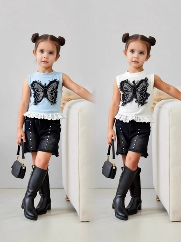 Abbigliamento Estivo per Bambine Top in Cotone Smanicato con Farfalla e Pantaloncini in Denim con Perline Stile Occidentale Dolce Moda