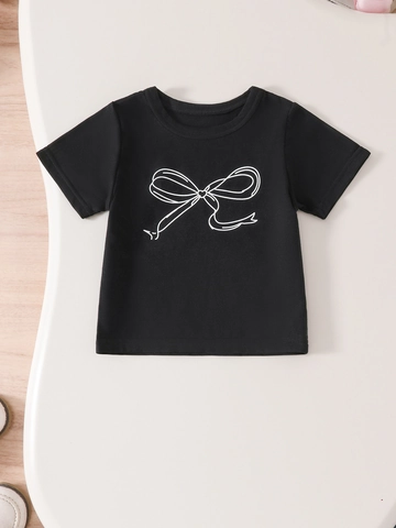 Girls Bow Print Cotton T-Shirt And Frayed Denim Flare Pants Cute Summer Casual Short Sleeve Top And Blue Jeans Outfit