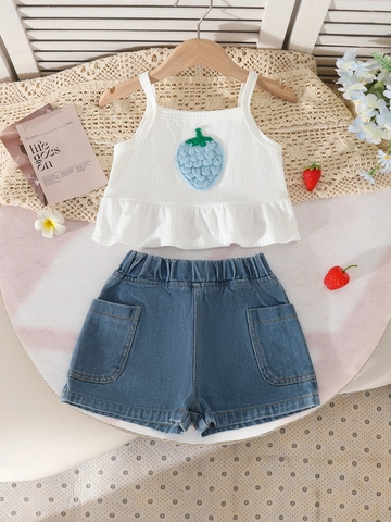 Ensemble d'Été pour Filles Top Caraco Blanc à Volants avec Broderie Fraise et Short en Jean Ensemble 2 Pièces pour Enfants