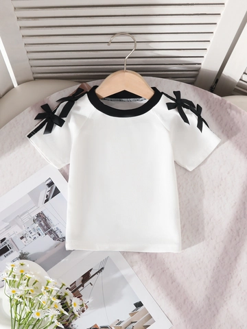 Girls Summer Clothing Set White Bowknot Shoulder Top And Bow Embroidery Denim Shorts Sweet Casual Two Piece Kids Outfit