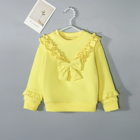 Felpa Dolce Foderata in Pile da Bambina Con Fiocco e Volant Top Pullover a Manica Lunga Abbigliamento Autunno Inverno