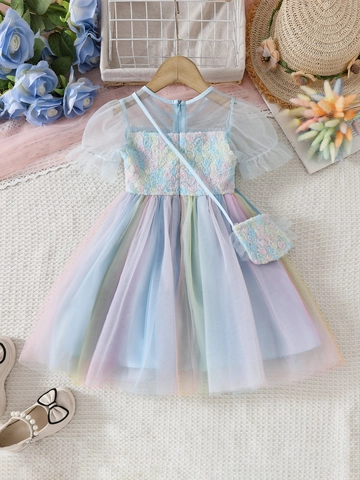 Vestito da Principessa Arcobaleno per Bambina Con Borsa Coordinata Decorazioni Floreali 3D Perle Artificiali Festa Compleanno