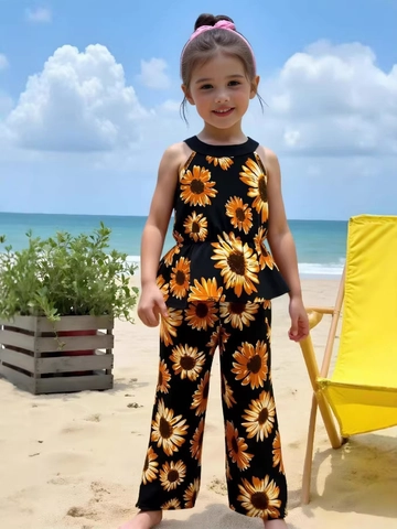 Abbigliamento Estivo per Bambine con Stampa a Girasole Top a Fascia con Volant e Pantaloni a Gamba Larga per Vacanze
