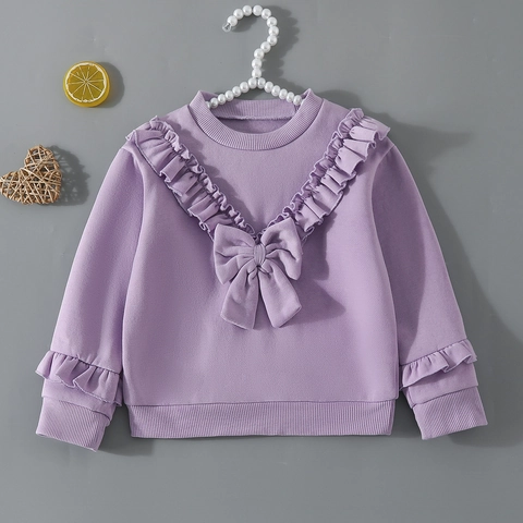 Felpa Dolce Foderata in Pile da Bambina Con Fiocco e Volant Top Pullover a Manica Lunga Abbigliamento Autunno Inverno