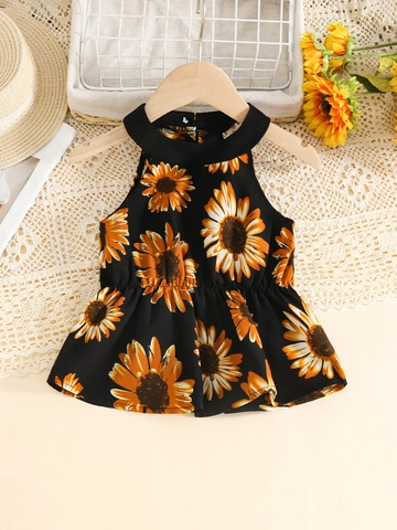 Abbigliamento Estivo per Bambine con Stampa a Girasole Top a Fascia con Volant e Pantaloni a Gamba Larga per Vacanze