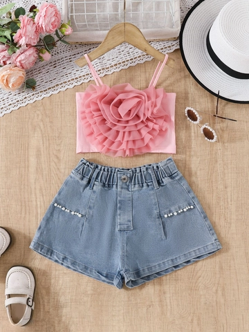Girls Summer 2 Piece Clothing Set 3D Flower Cami Top And Pearl Denim Shorts Set Cotton Sweet Vacation Outfit For Kids