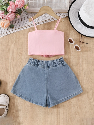 Girls Summer 2 Piece Clothing Set 3D Flower Cami Top And Pearl Denim Shorts Set Cotton Sweet Vacation Outfit For Kids