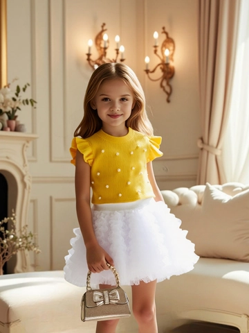 Abbigliamento Estivo da Ragazza Top in Maglia a Coste con Volant e Decorazione di Perle Artificiali e Gonna Tutù in Mesh a Strati