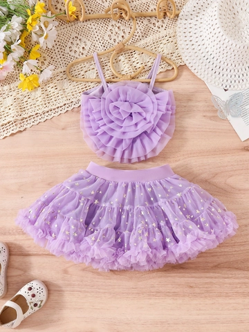 Mädchen Sommer Bekleidungsset 3D Blume Cami Top Und Gestufte Netz Tutu Rock Baumwolle Nylon Süßes Prinzessin Geburtstags Outfit