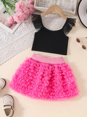 Completo Estivo da Bambina Con Top Senza Maniche a Tema Cigno e Gonna Tutù in Tulle a Balze Mesh Principessa Abbigliamento