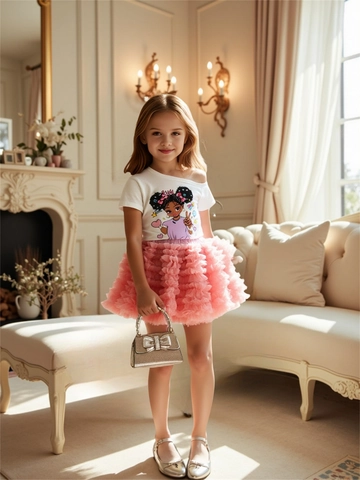 Girls Summer Cotton Tee And Mesh Tutu Skirt Set Cartoon African Girl Print Off-Shoulder Top Princess Layered Cake Skirt Outfit