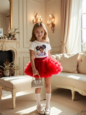 Girls Summer Cotton Tee And Mesh Tutu Skirt Set Cartoon African Girl Print Off-Shoulder Top Princess Layered Cake Skirt Outfit