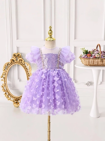 Eleganter Mädchen Schmetterling Pailletten Prinzessinnenkleid Mehrlagiger Tüll Partykleid Puffärmel Performance Kleid Feenkostüm