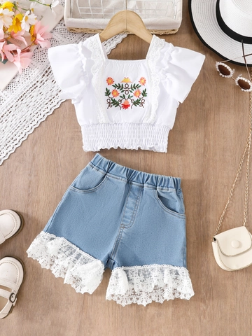 Atuendo de Verano para Niñas Bordado Floral Top de Encaje Blanco Y Pantalones Cortos de Mezclilla Algodón Estilo Coreano Ropa de Vacaciones