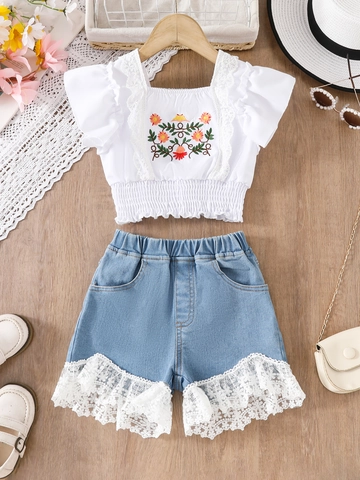 Atuendo de Verano para Niñas Bordado Floral Top de Encaje Blanco Y Pantalones Cortos de Mezclilla Algodón Estilo Coreano Ropa de Vacaciones