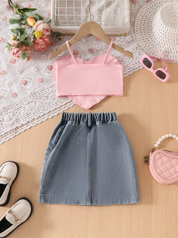 Abbigliamento Estivo Bambina Camisole Cuore Rosa Perle Artificiali Gonna Denim Blu Tasca Cuore Moda