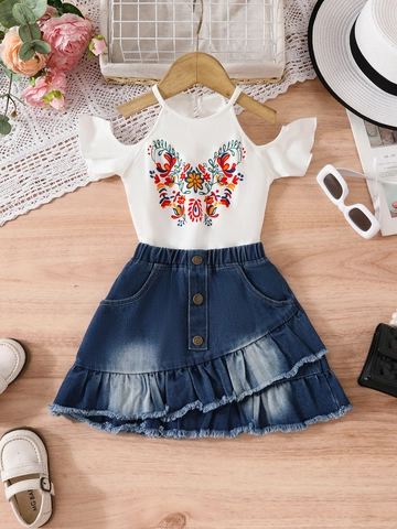 Meisjes Zomer Kleding Set Witte Cold Shoulder Top Met Bloem Borduursel En Denim Mini Rok Ruffle Geplooid Kinderkleding
