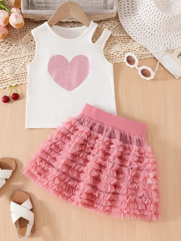 Completo Estivo da Bambina Top Senza Maniche e Gonna a Strati in Tulle Rosa Bianco Stampa Ciliegia Cuore Stile Principessa Abbigliamento Bambini
