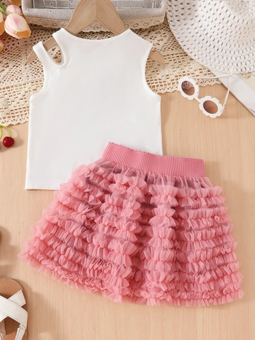 Completo Estivo da Bambina Top Senza Maniche e Gonna a Strati in Tulle Rosa Bianco Stampa Ciliegia Cuore Stile Principessa Abbigliamento Bambini