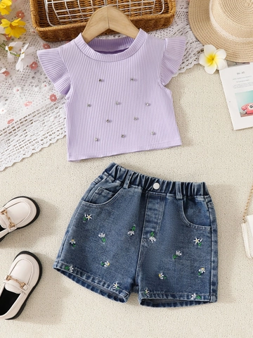 Completo Estivo da Ragazza Top con Maniche a Volant e Perle e Pantaloncini di Jeans con Ricamo a Margherite Cotone
