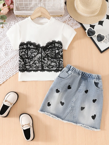 Girls Summer Casual Clothing White Short Sleeve Cotton T-Shirt With Lace Print And Light Blue Heart Denim Skirt Outfits