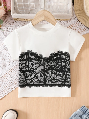 Girls Summer Casual Clothing White Short Sleeve Cotton T-Shirt With Lace Print And Light Blue Heart Denim Skirt Outfits