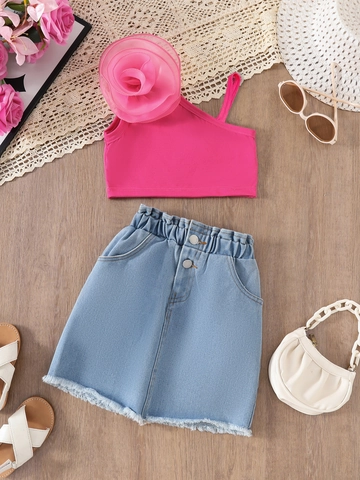 Ensemble de Vêtements d'Été pour Filles Haut à Une Épaule Fleur 3D Rouge Rose et Short en Denim Effiloché Bleu Clair