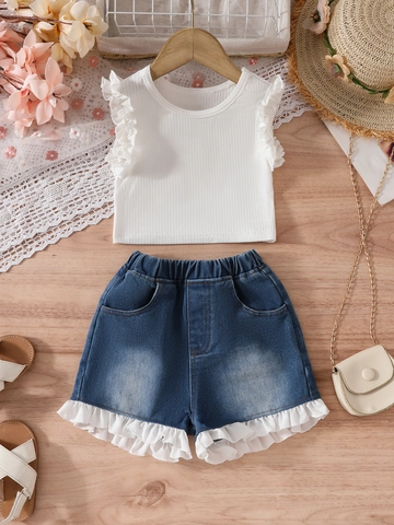 Set di Abbigliamento Estivo da Ragazza Top in Maglia a Coste Senza Maniche con Volant e Pantaloncini in Denim Casual