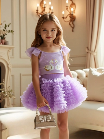 Meisjes Prinses Tutu Rok Set Zwaan Print Mouwloze Top Multi Layer Tulle Taart Rok Verjaardagsfeestje Outfit Voor Kinderen
