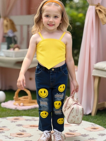 Ensemble d'Été pour Filles Top Camisole en Maille Jaune et Pantalon en Denim Déchiré avec Écusson Smiley