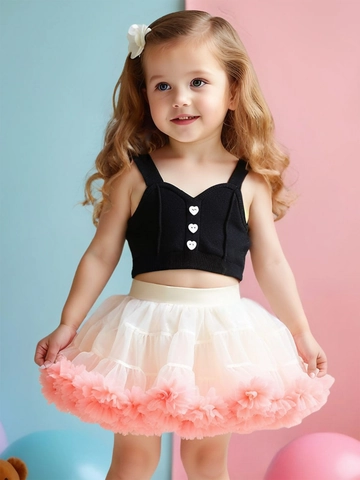 Girls Summer Clothing Set Polyester Mesh Tutu Skirt Heart Button Knitted Vest Party Princess Outfit For Kids